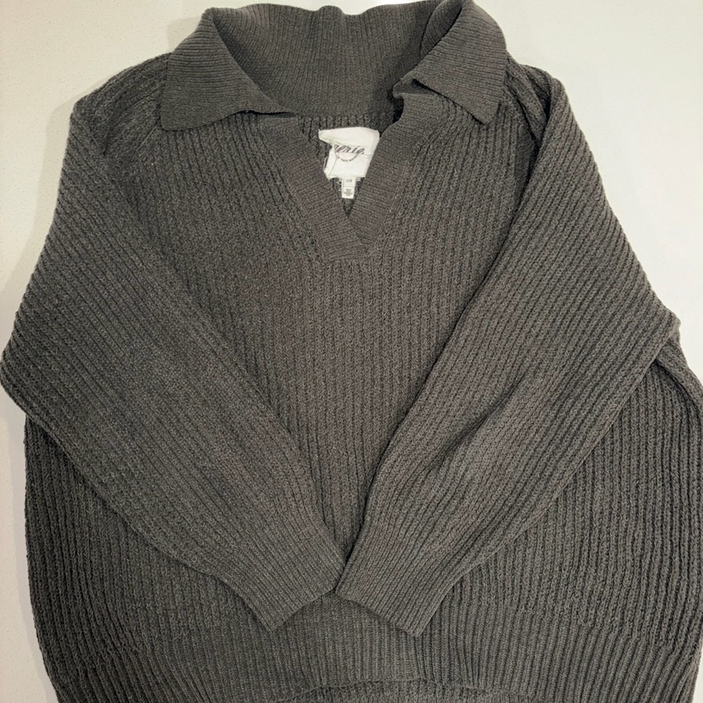 aerie Dark Gray V-Neck Collared Ribbed Sweater
